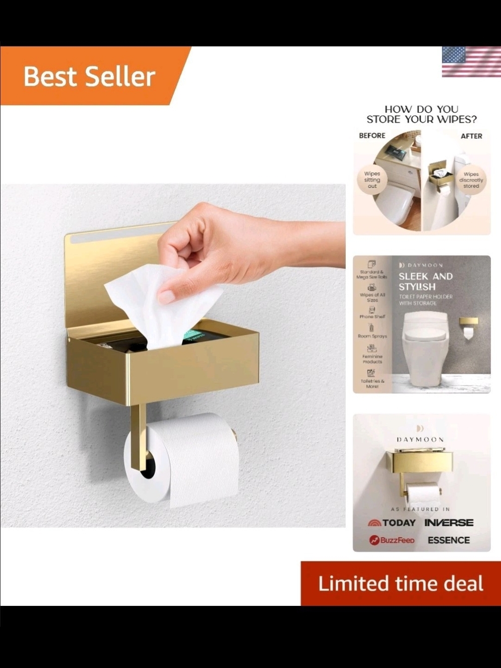 Day Moon Toilet Paper Holder with Shelf, Wipes/Fem Prod Storage Phone Shelf Gold